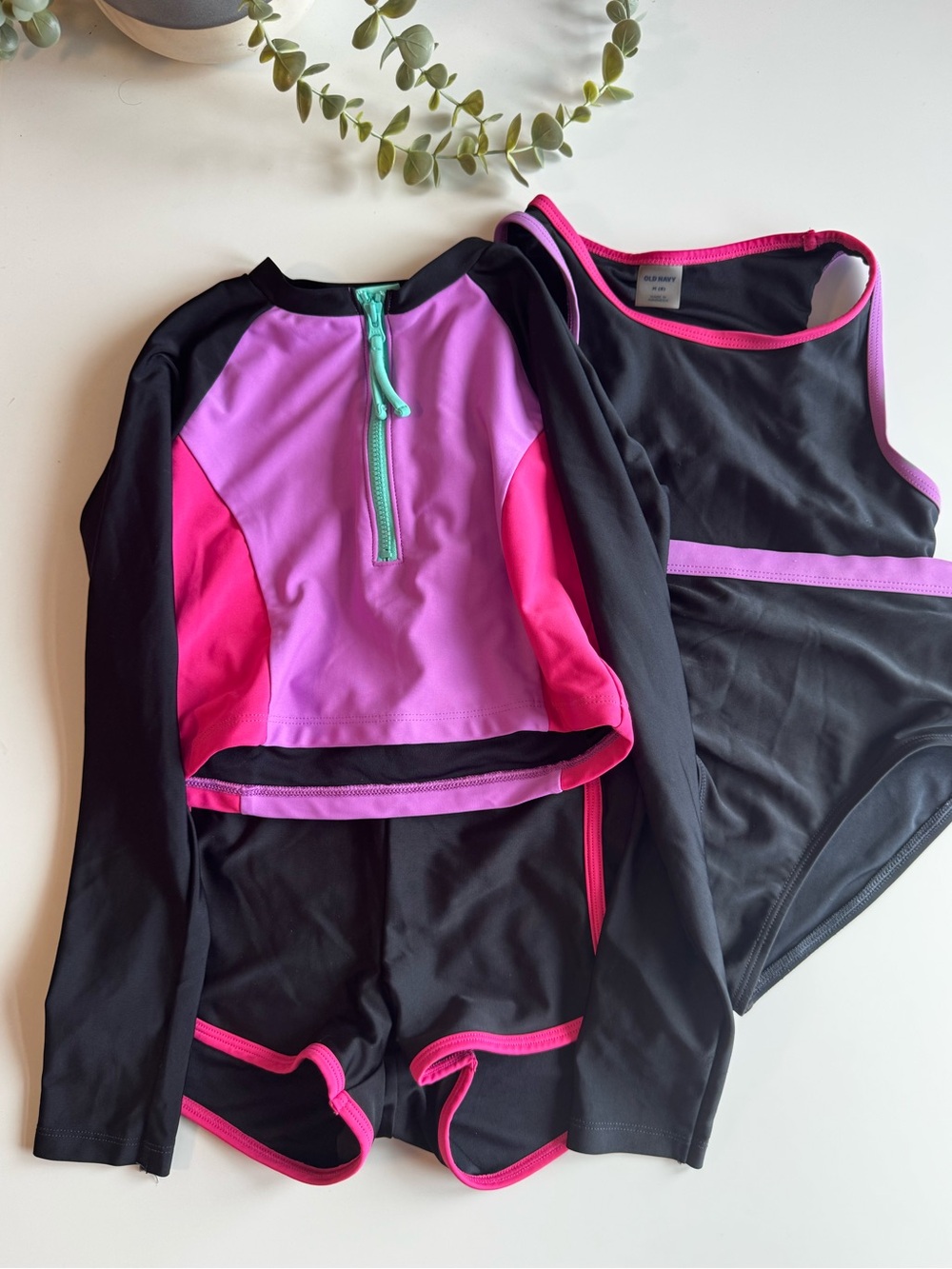 Old Navy Black, Pink, and Purple Kids Rash Guard Swim Set